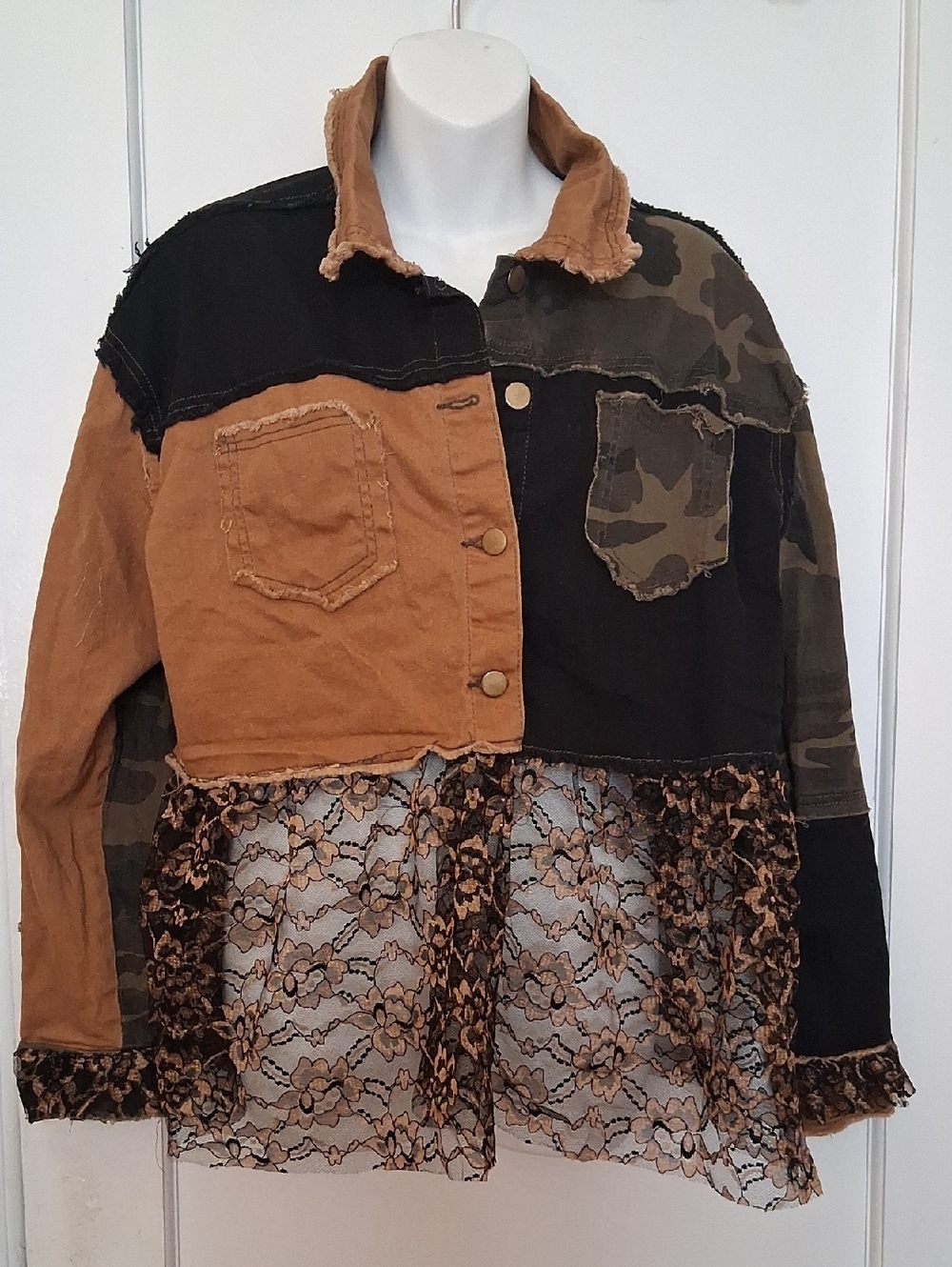 Fashion Nova Patchwork Tan Black Camo Upcycled With Lace Jean Jacket L